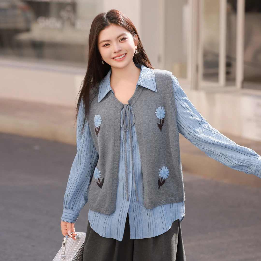 【秋上新手绣花朵毛衣马甲】MsShe大码女装2025绑带V领马甲C2502013