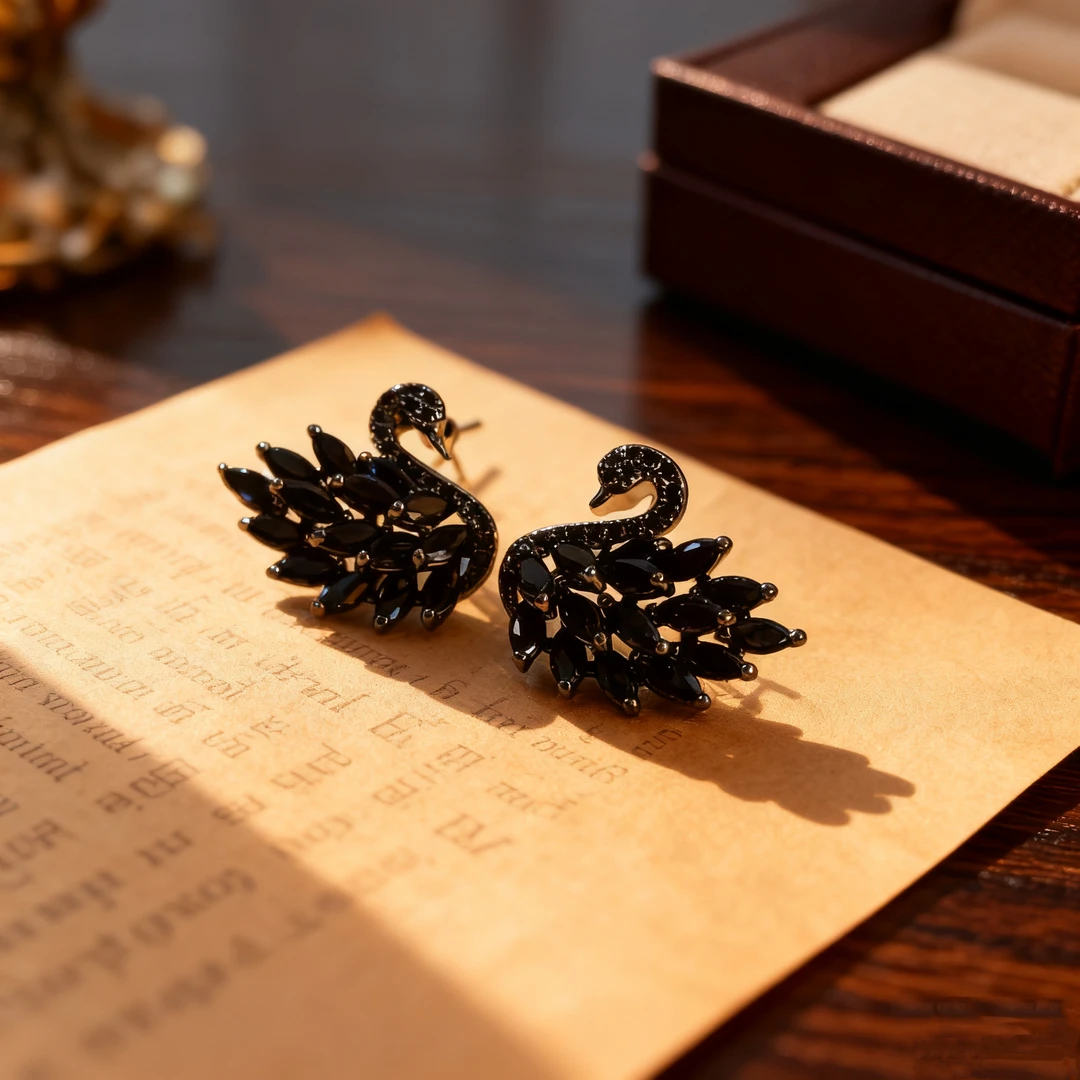 铜合金莫桑石耳饰 奢妮薇S11轻奢天鹅女法式耳钉气质欧美风黑色