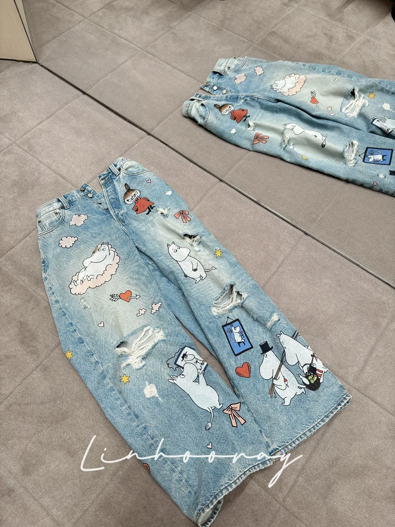 【sKycaptian】姆明系列开发重工满印洗水高级牛仔裤#SK026185