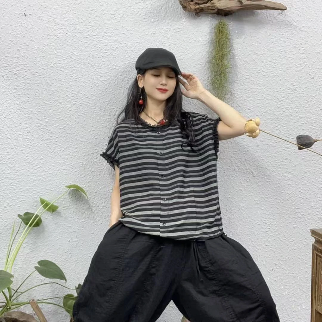 31128黑灰横条木耳领固定扣丝麻上衣（长59胸围122