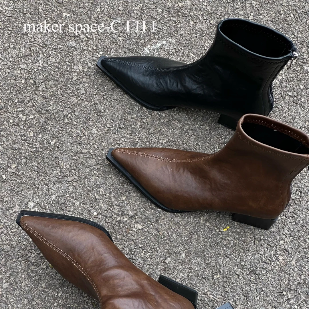 Cihi設計'makerspace'-615【冬聆序】小众尖头粗跟高级感纹理裸靴