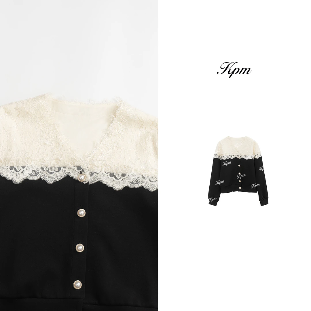 2025早春新款蕾丝钩花镂空拼接开衫撞色气质减龄单排扣长袖JN6989