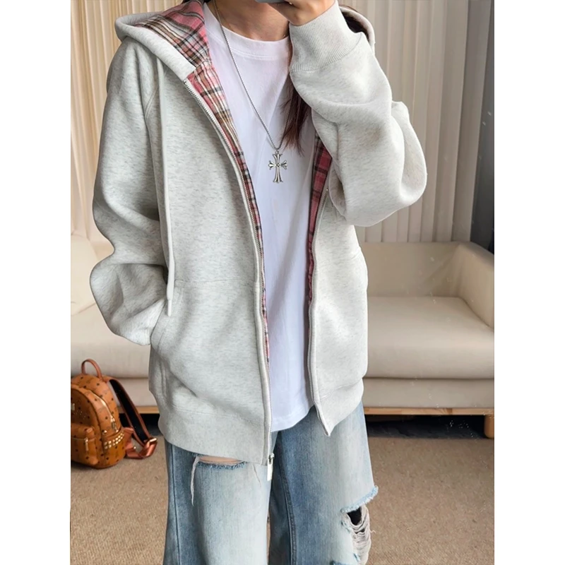 420克重磅美式复古慵懒风拼接格子卫衣外套男款秋季连帽开衫宽松