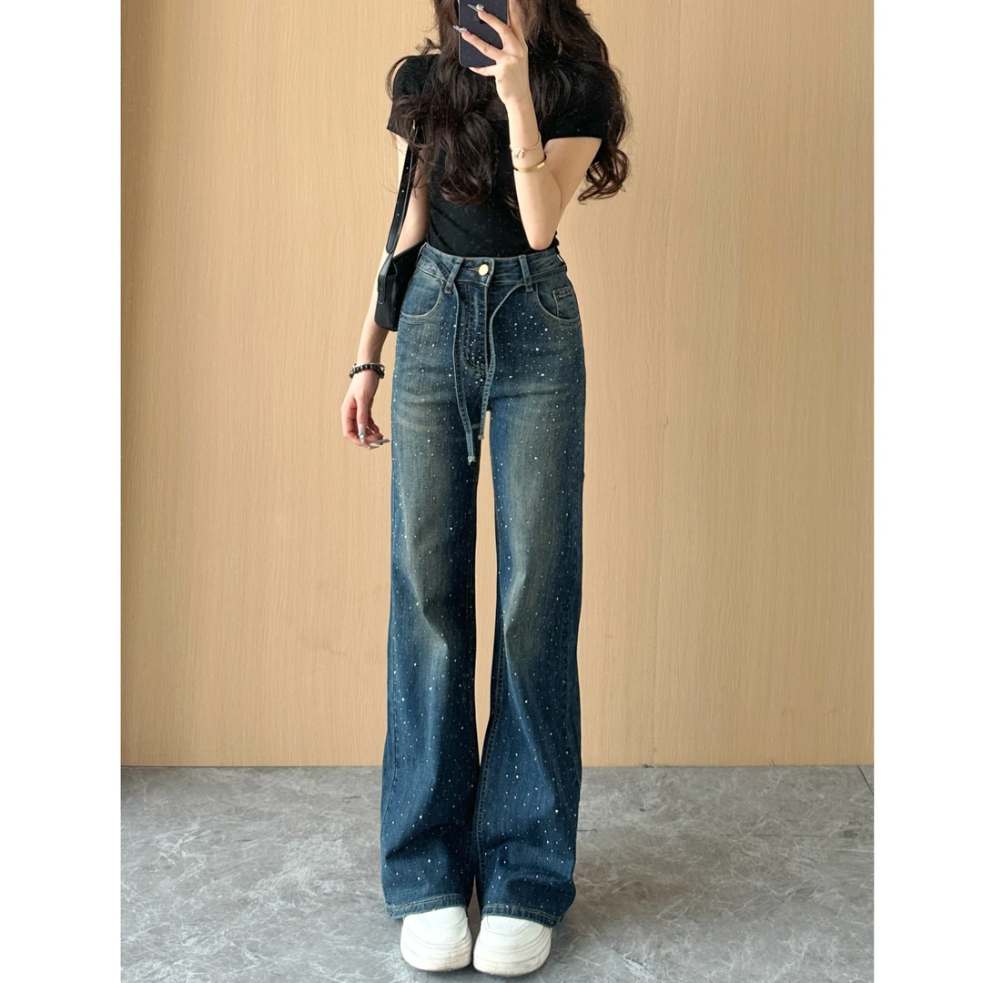 重工烫钻满天星阔腿牛仔裤女2025夏款高腰显瘦抽绳亮闪闪拖地裤