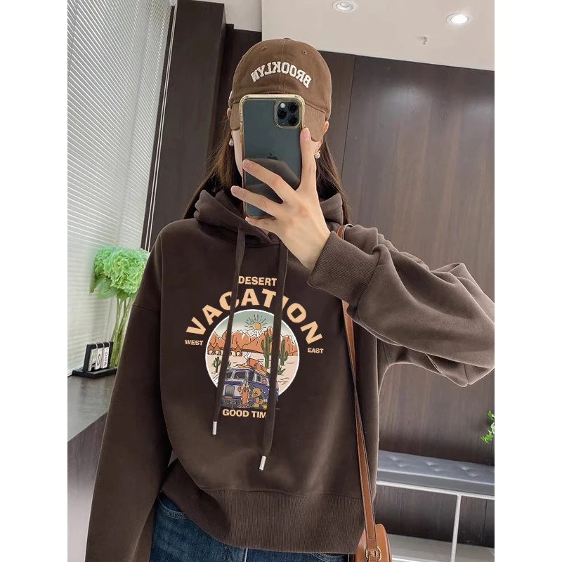 设计感小众秋冬新款2025加绒加厚套头连帽卫衣女短款宽松韩版外套