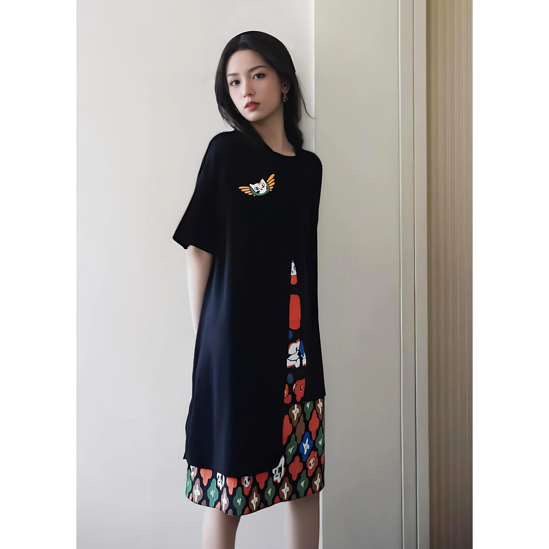 【天使小猫】气质宽松显瘦休闲宽松小众设计师女假两件连衣裙
