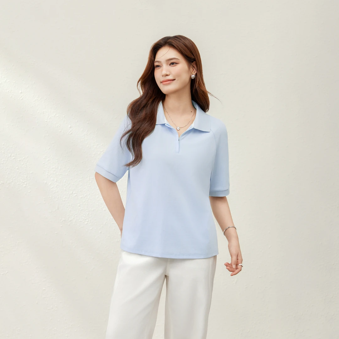 【时尚纯色半拉链翻领百搭T恤】纤莉秀大码女装夏新款百搭QK1861