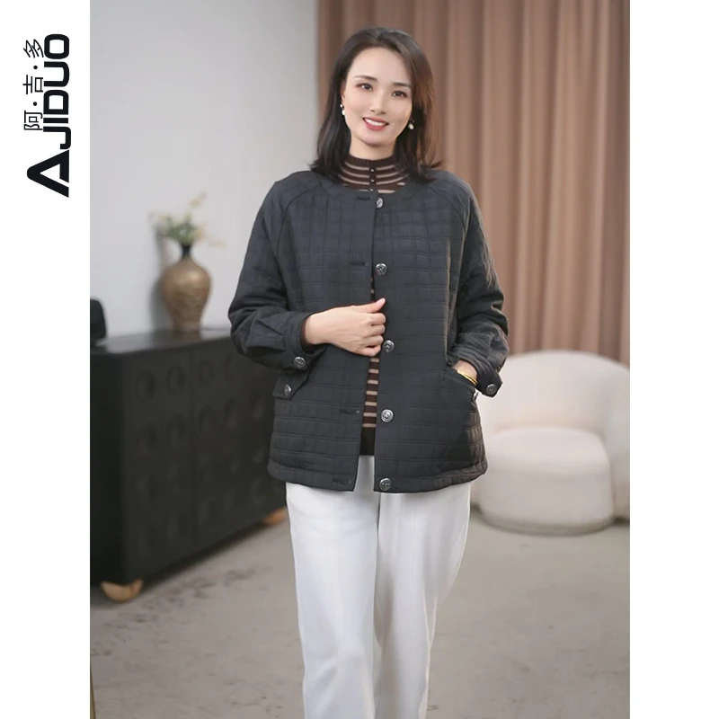 阿吉多A23078黑色长袖夹棉外套女秋冬新款高级感气质夹克短外套