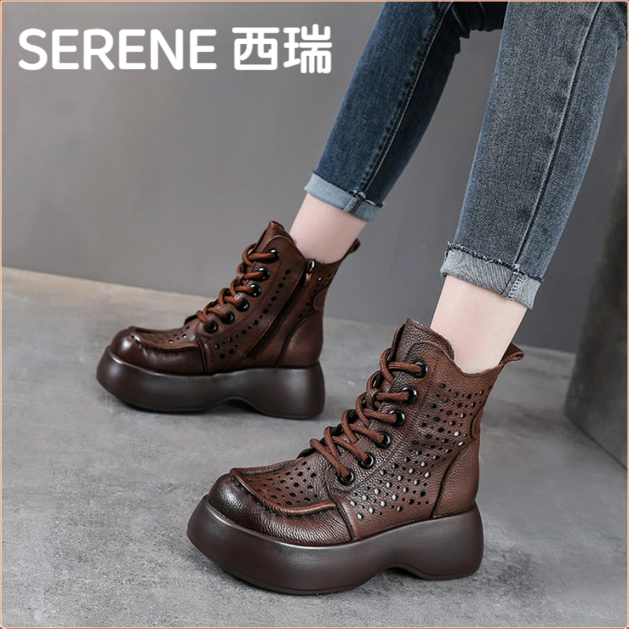 西瑞女式透气镂空短靴穿搭秋冬明星同款百搭鞋子2025今年流行靴子