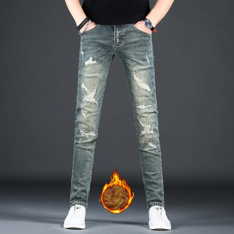 男牛仔裤男款爆款2024新款秋冬高端修身小脚加绒加厚潮牌破洞男裤