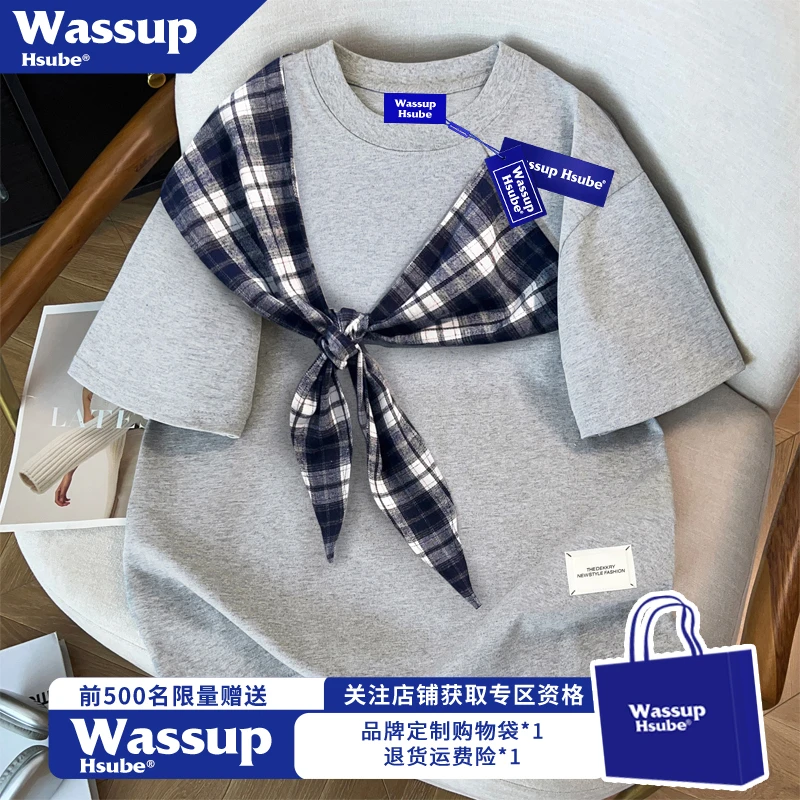 WASSUP HSUBE韩版新款蝴蝶结灰色纯棉短袖T恤男创意风休闲上衣潮