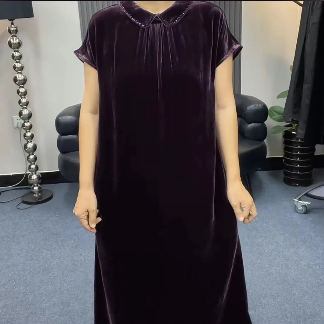真丝绒娃娃领轻奢设计感阔太太风格女士连衣裙春夏款