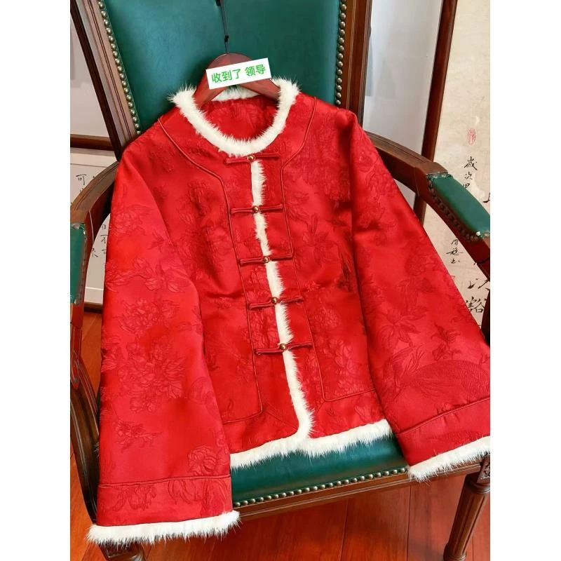 新中式夹棉红色国风棉袄女2025新款古风对襟提花盘扣改良外套A253