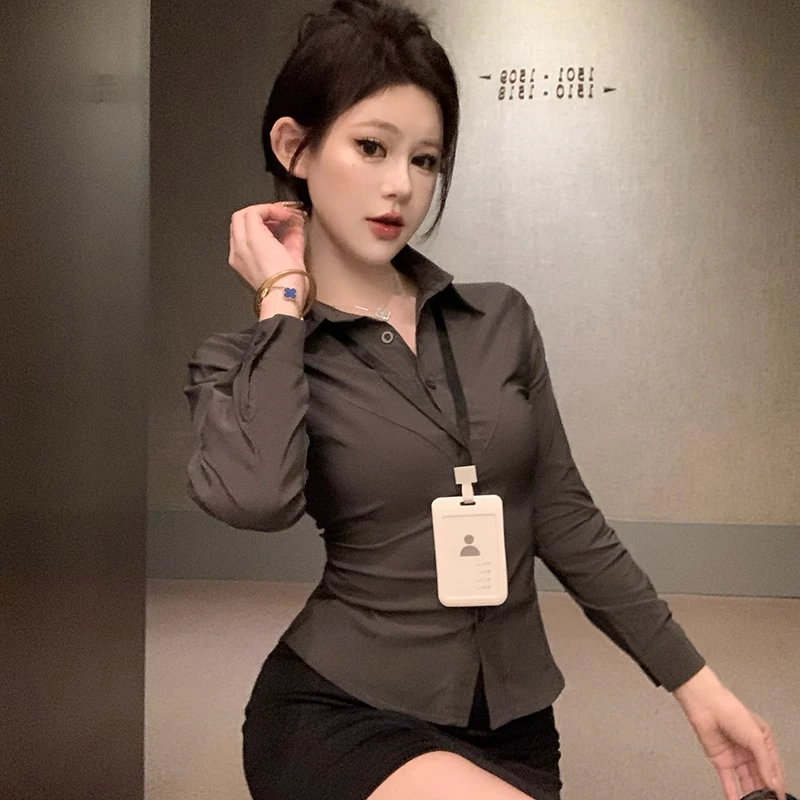 气质纯欲收腰高级灰色衬衫女性感修身长袖衬衣包臀裙工作服两件套