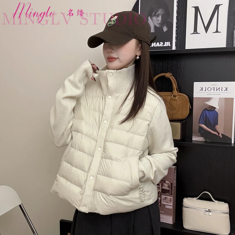 2025年韩系新款针织拼接轻薄羽绒服女鸭绒小个子短款冬季羽绒服