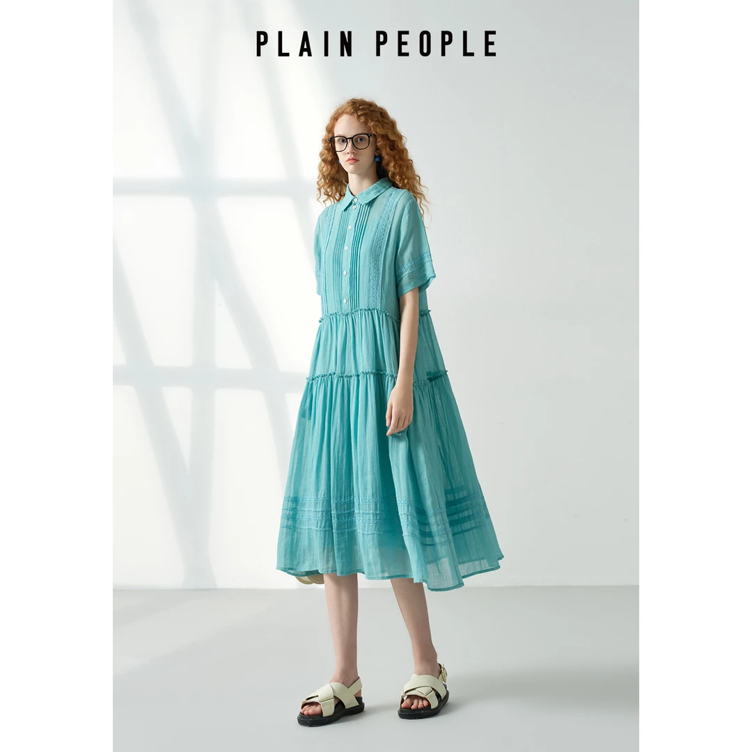 PLAIN PEOPLE泡泡袖休闲风蕾丝连衣裙夏季复古A字裙时尚法式苎麻