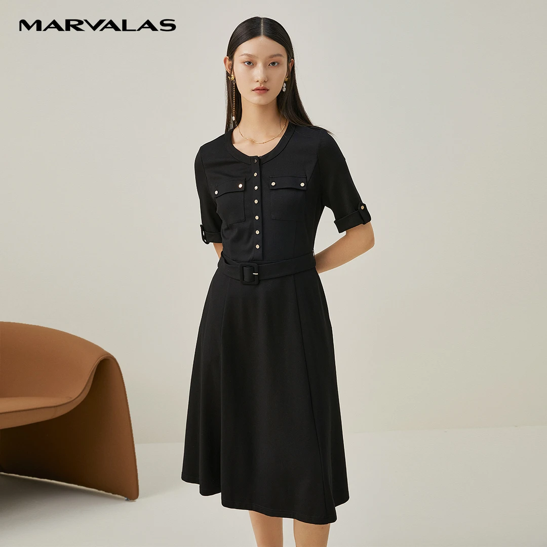 【丽公主】曼德诗通勤黑色连衣裙女收腰显瘦气质小黑裙510187-96730