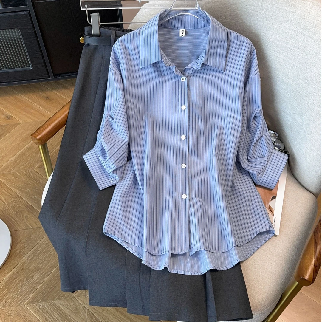 【马琦尧专属】Y011#新款女装流行漂亮外穿穿搭条纹衬衫套装裙