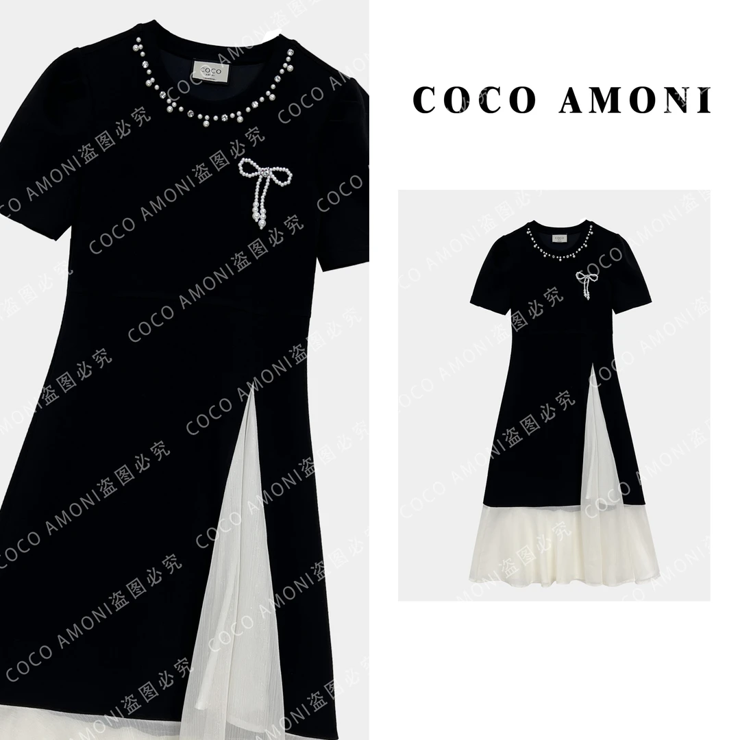 {曼姐}新款重工设计女装拼接蝴蝶结修身显瘦气质连衣裙AC152