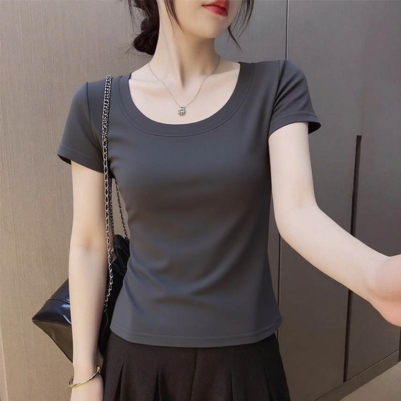 法式百搭正肩U领短袖t恤女2025夏季新款短款减龄显瘦修身打底上衣