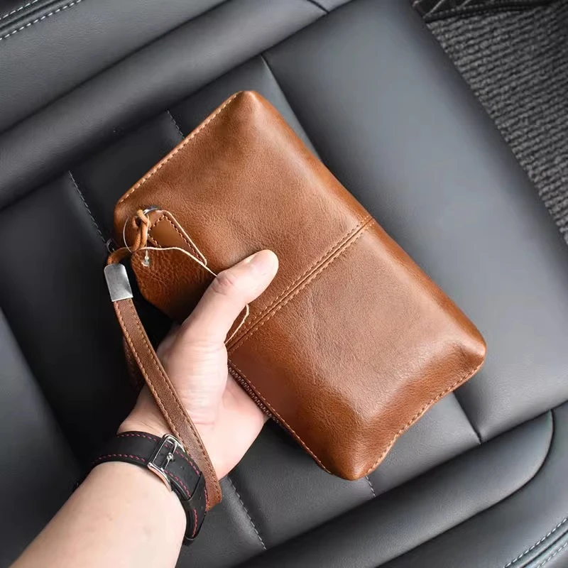 男士真皮手包软皮手拿包复古牛皮长款钱包休闲手机包简约手抓包潮