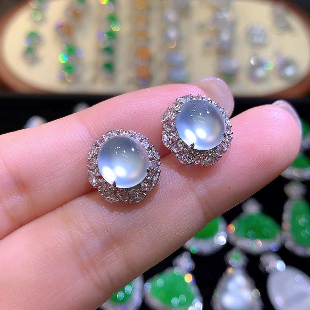 翡翠18K金镶嵌耳饰玻璃种双眼皮耳钉