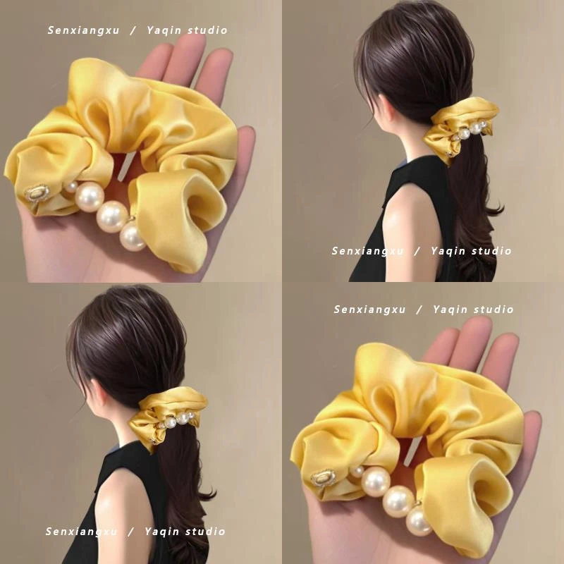 暖暖鹅黄~缎面珍珠大肠发圈！扎头发皮筋高级感头花大肠头绳发饰