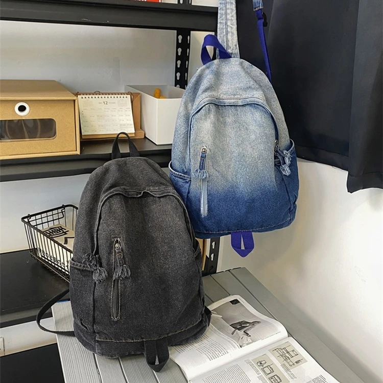 新款简约渐变休闲双背潮流书包牛仔帆布水洗百搭男女情侣双肩背