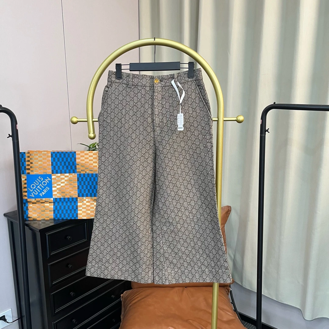 99新 GUCCI/古驰 棕色满印阔腿裤 42码