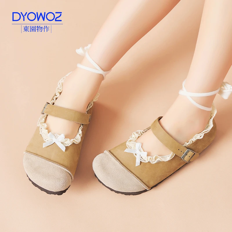 新款玛丽珍勃肯拼接真皮软木牛皮百搭法式浅口玛丽珍包头鞋外穿