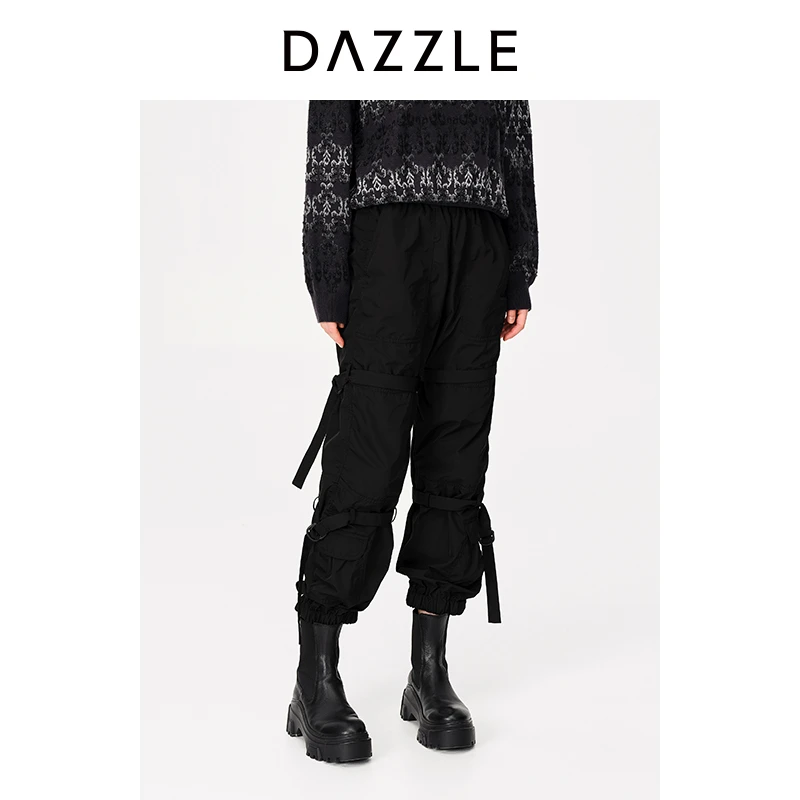 DAZZLE地素奥莱黑色口袋设计松紧腰束脚运动休闲工裤女2H1Q409