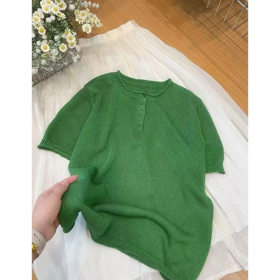 丽丽家~三颗扣绿时尚百搭打底夏季圆领针织上衣