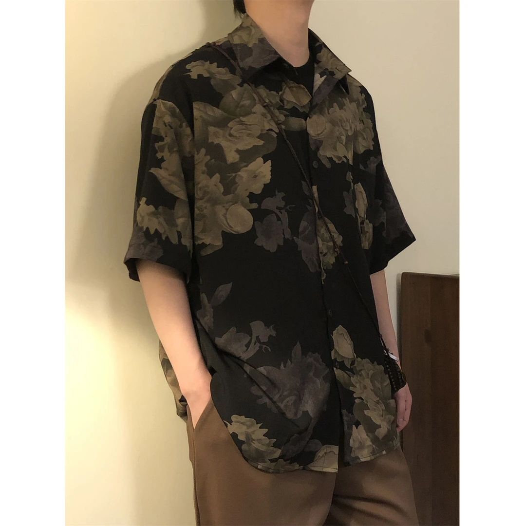 夏季宽松美式复古潮牌衬衫休闲男新中式港味印花高级衬衣