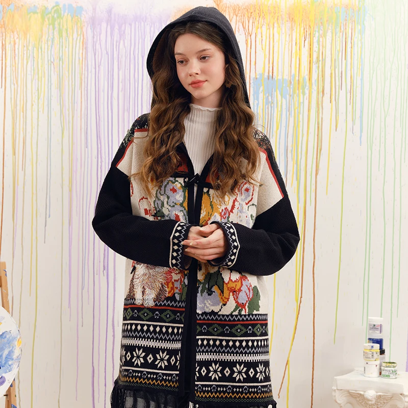 两三事梵高文艺入夜赏花2024冬季新款流苏下摆花色连帽毛衣外套女