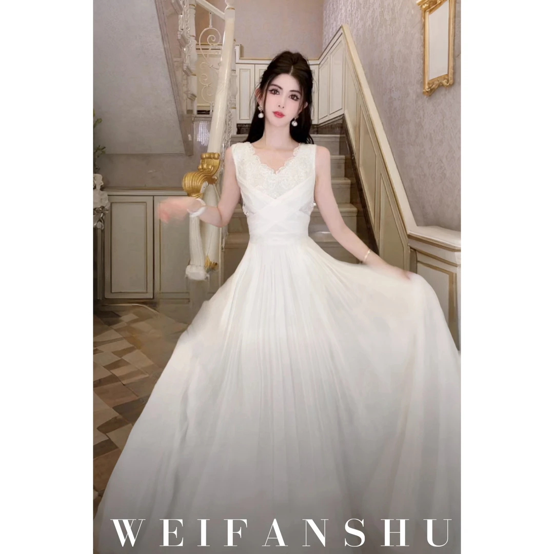 WEIFANSHU/魏凡舒【高光女神】春夏新款白色气质优雅仙气大摆连衣裙