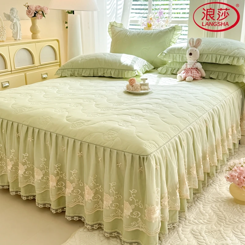 浪莎公主风夹棉纯棉床裙单件四季通用加厚床罩床套花边床单三件套