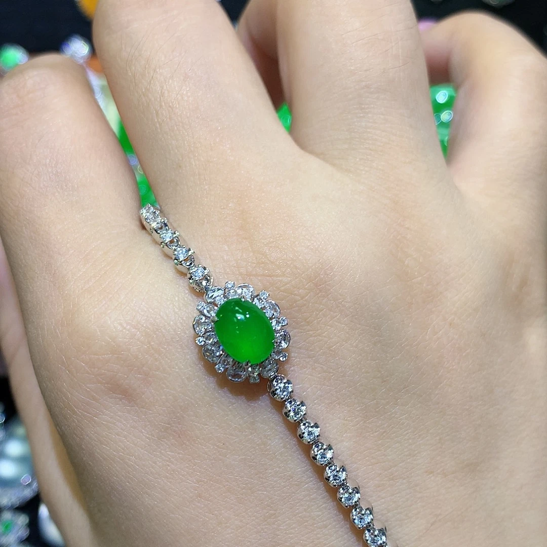 手链翡翠18K金镶嵌高冰满绿