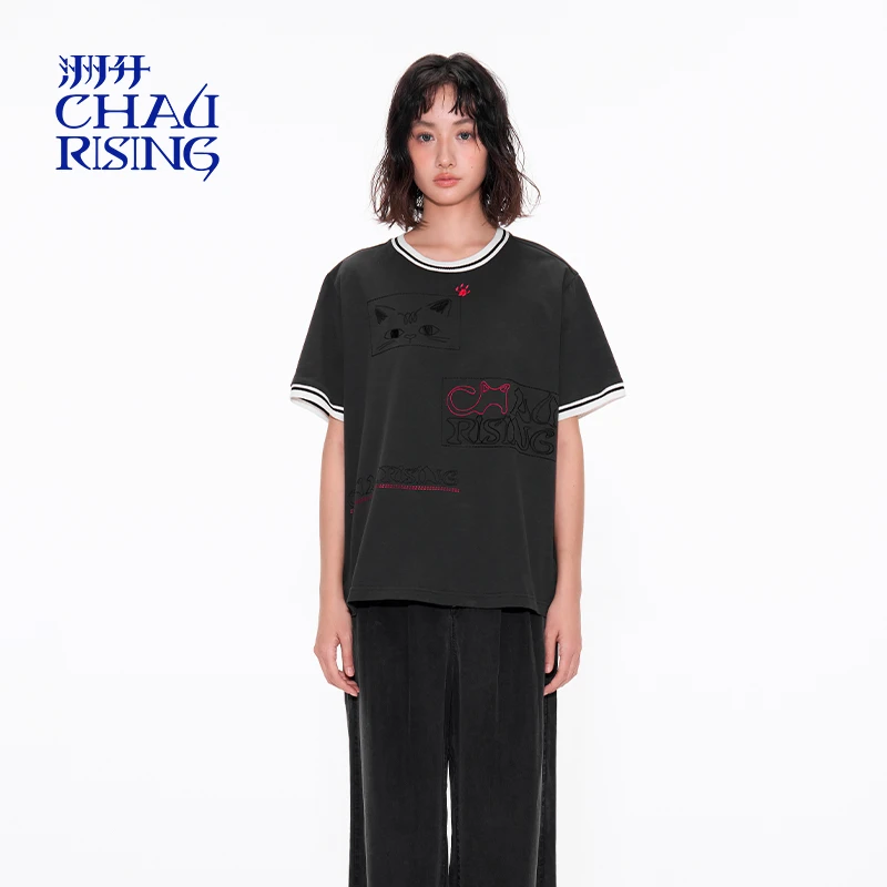 洲升/CHAURISING猫咪图案绣花T恤25041526夏季新品休闲宠物刺绣