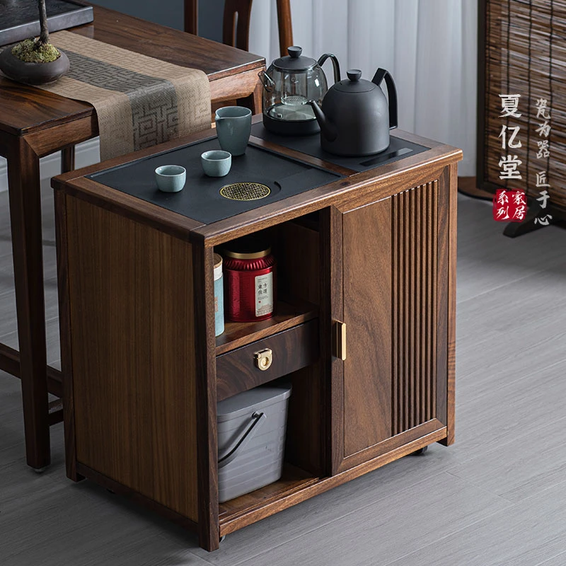 胡桃木移动泡茶台办公室茶几客厅烧水壶一体实木茶水柜轻奢煮茶柜