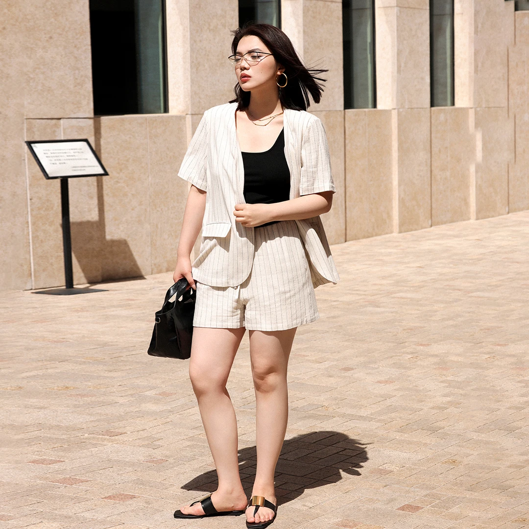 PLUSMALL 弗里假日 香氛榛果酒 亚麻条纹西装两件套PLUS2504060AB