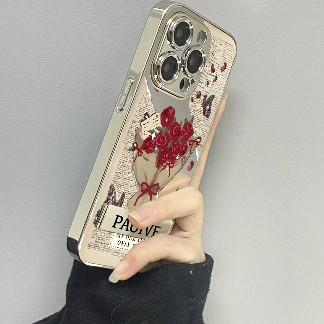 玫瑰蝴蝶适用苹果16ProMax手机壳iPhone华为OPPO小米vivo镜面套