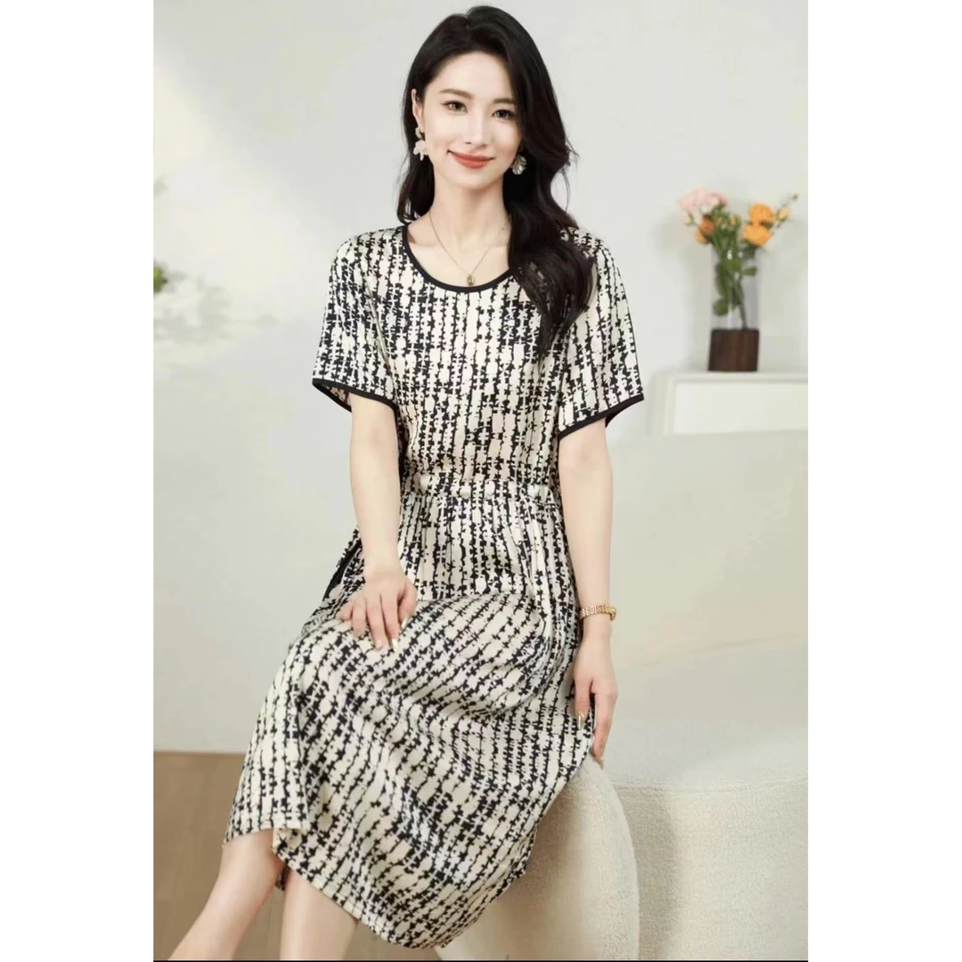 0497透气裙子白底碎片抽绳妈妈装高妈妈装洋气显瘦气质时尚休闲