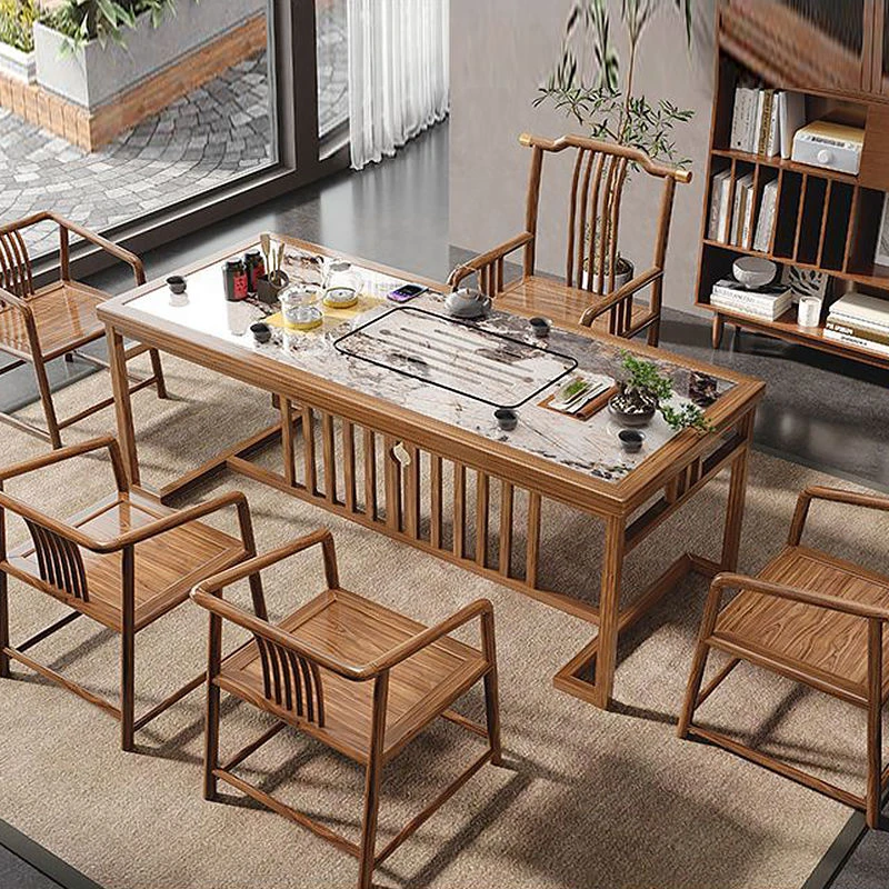 新中式实木岩板简约茶桌高端客厅茶室办公室家用茶桌茶台一整套