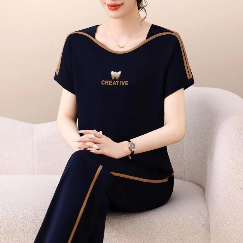 运动套装女夏季2025新款减龄显瘦洋气妈妈刺绣拼接短袖休闲两件套