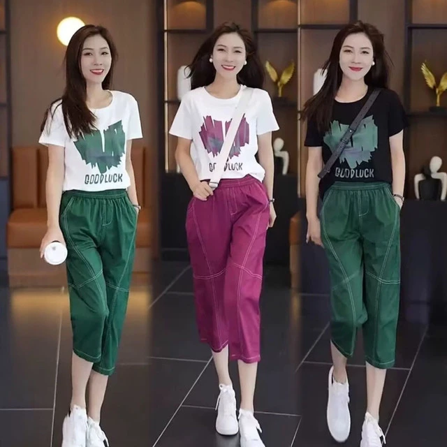 单/套装 时尚休闲套装女夏洋气宽松遮肉圆领T恤显瘦哈伦裤两件套