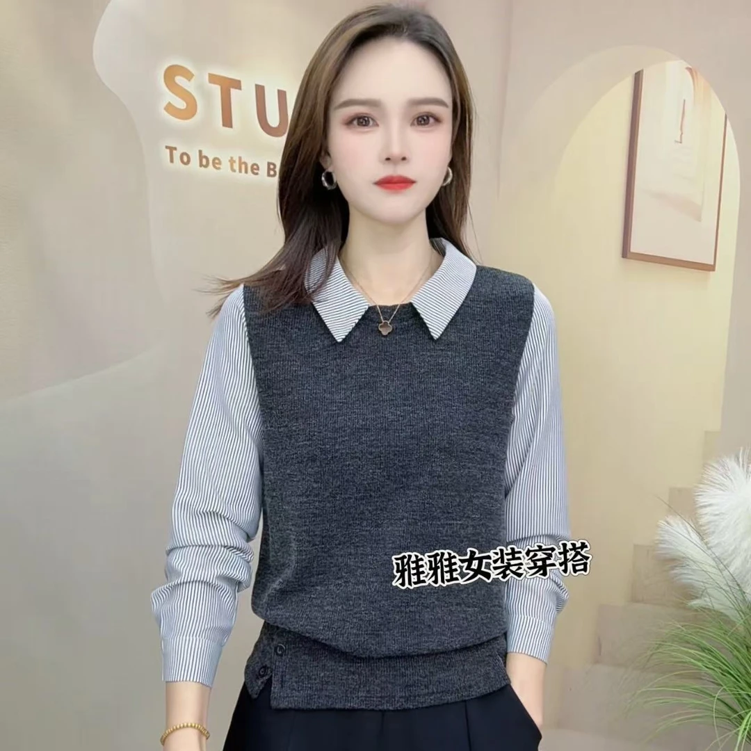 2025秋季新款衬衫领假两件时尚百搭长袖显瘦上衣款女