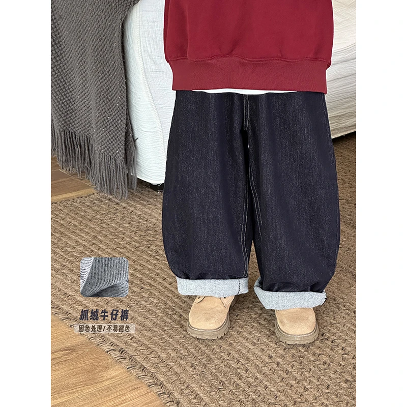 略略童品 男童冬款宽松复古抓绒牛仔长裤 254KZ5015