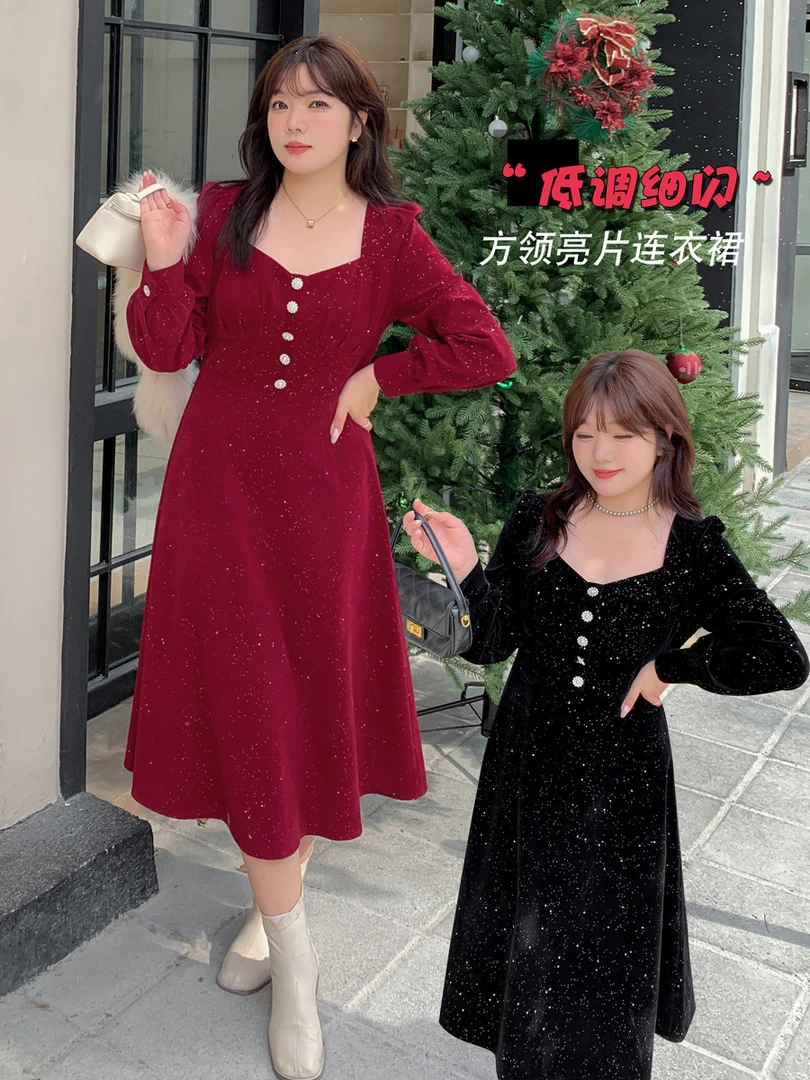 YH-2616大码连衣裙冬季新年氛围感亮闪闪红色法式大码女装裙子