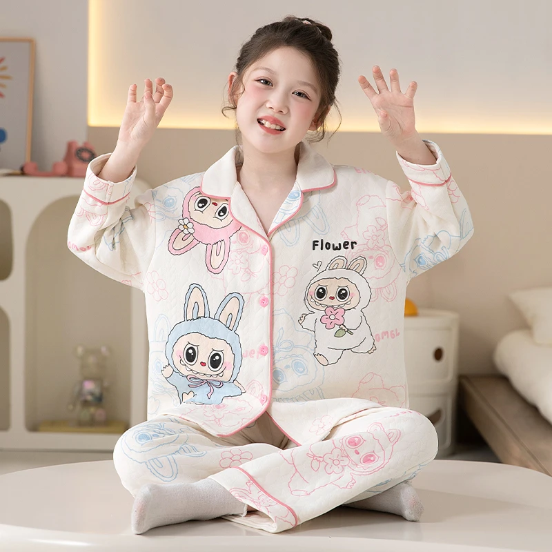 儿童夹层空气棉卡通睡衣秋冬新款中大童休闲可外穿保暖家居服套装