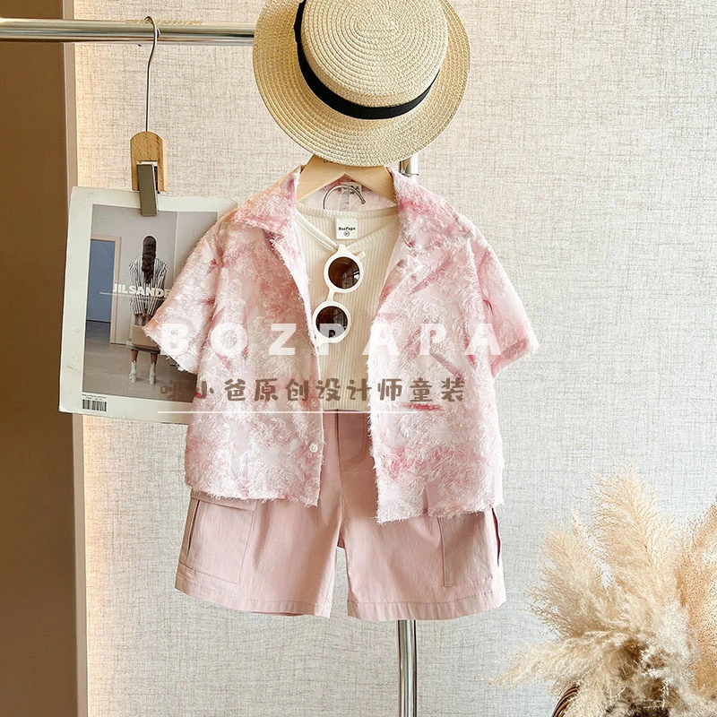 现货【逃之夭夭】韩系毛绒衬衫套装2025夏季新款洋气百搭男童潮